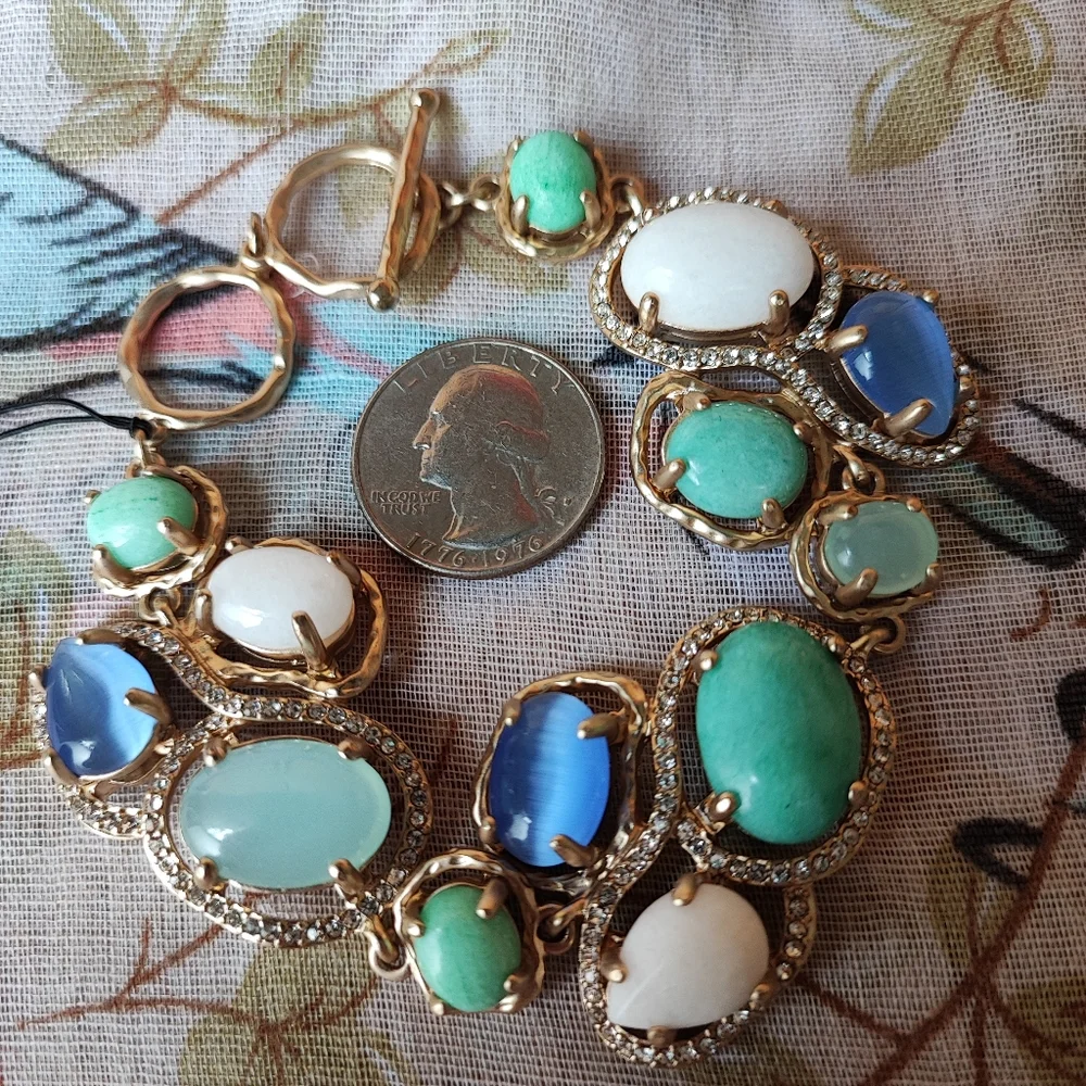 Badgley Mischka Ann Taylor Toggle Clasp Genuine Stones Bracelet Gold Tone Beachy